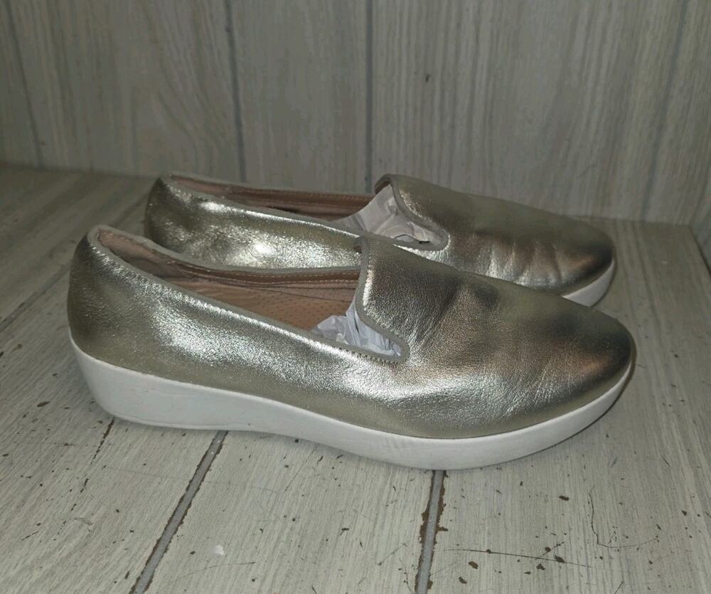 Fitflops Gold Slip Ons Women's Size 8 Comfort Shoes Platform Loafers